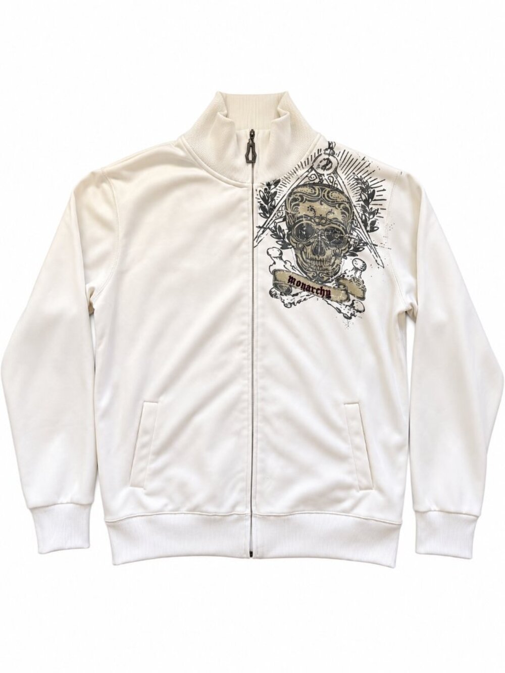 Monarchy Long Sleeve Zip Up Jacket Mens Size 2XL White Embroidered Skull